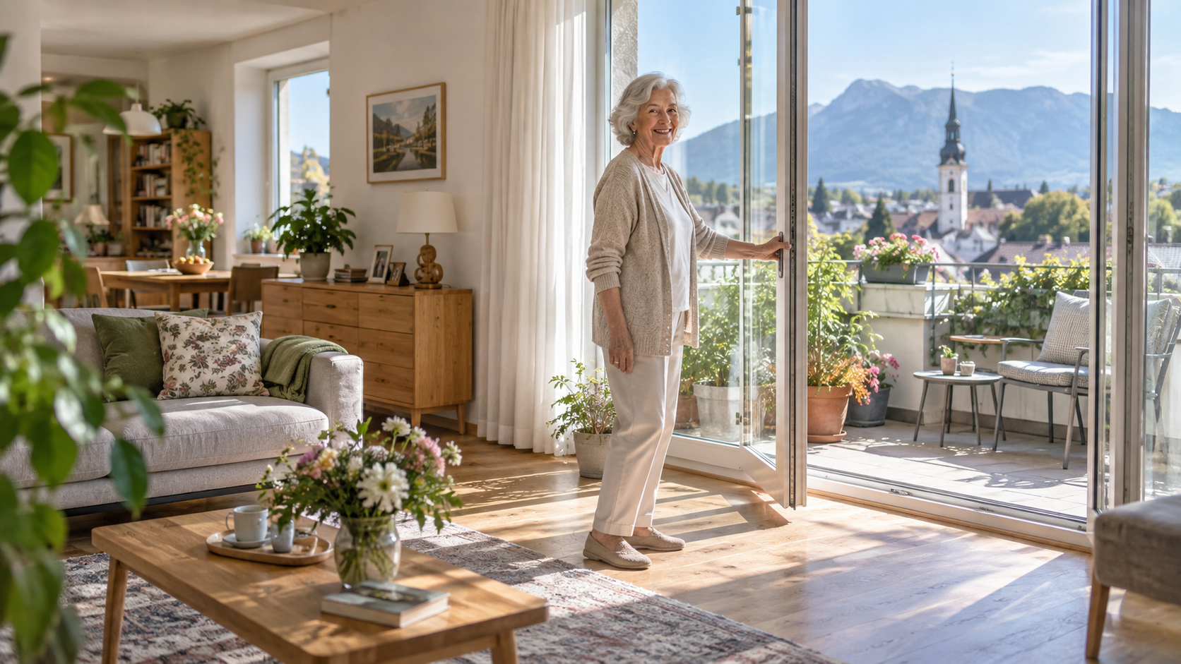 Ältere Frau in einer hellen Wohnung mit Balkon